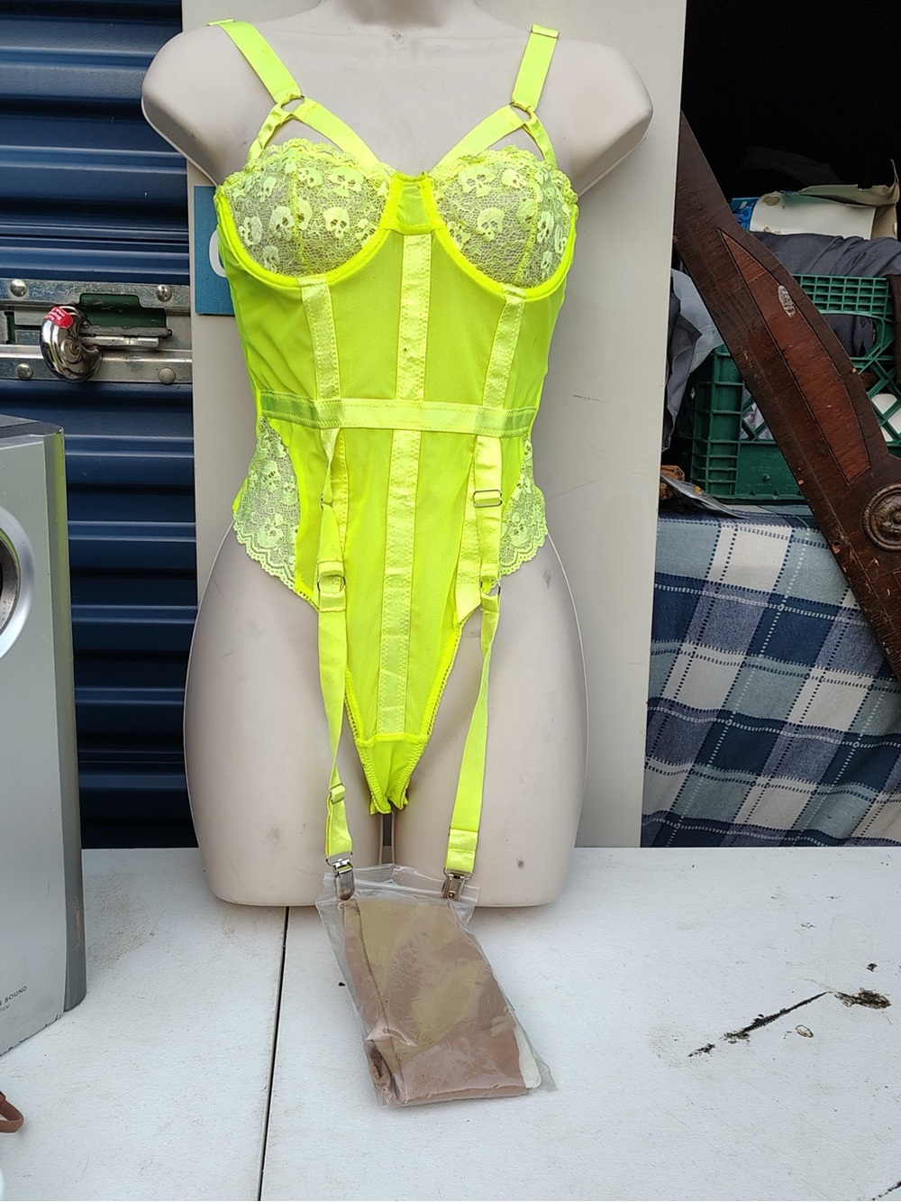 Neon Yellow Lace Bustier Teddy with Garters & Stockings